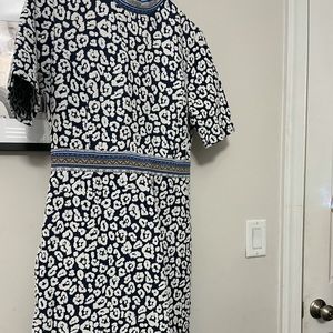 Never worn mid length, tailored navy leopard print dress